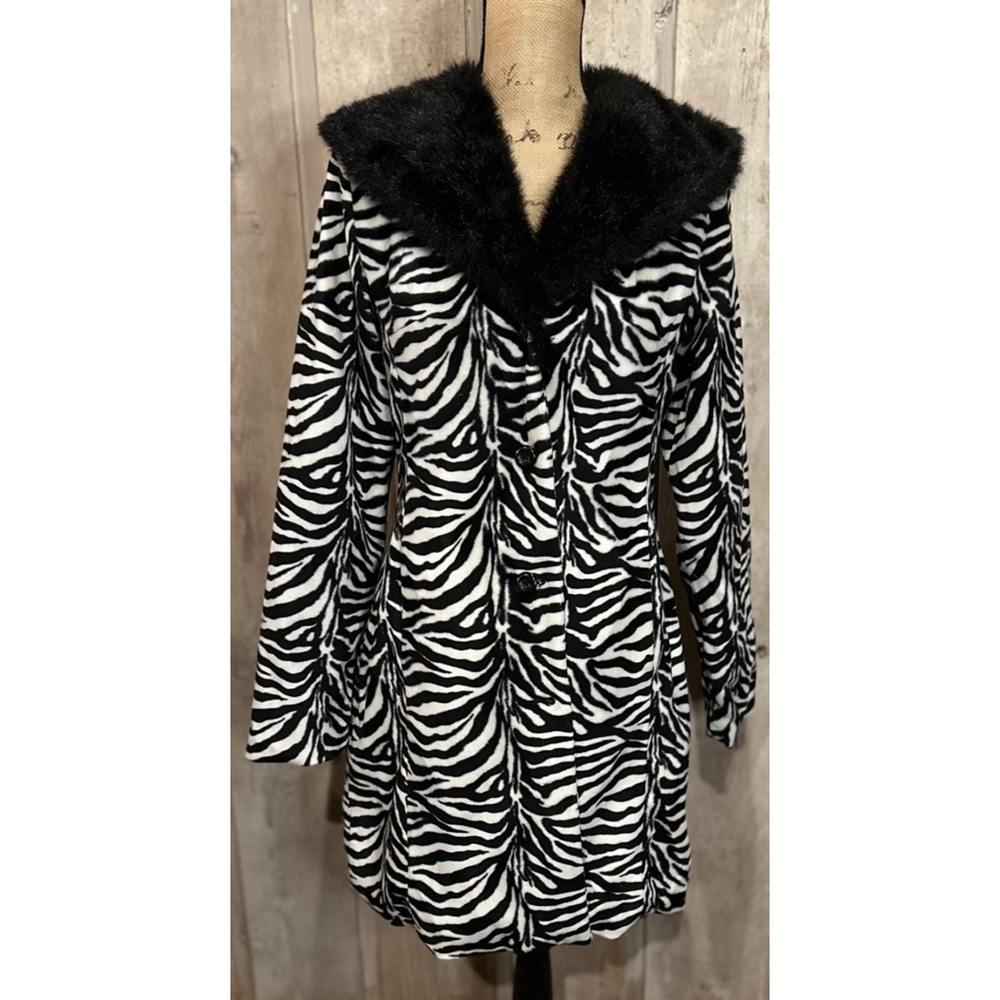 Vintage *RARE* Misdemeanor Zebra Print Long Coat Fur Trim Size S
